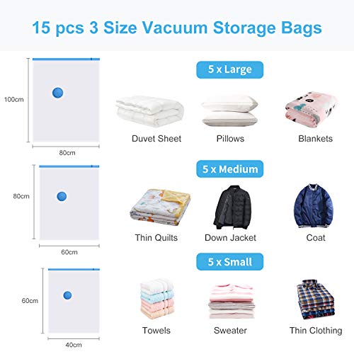EWEIMA 15 Piezas 3 Tamaños de Bolsa para Vacío de Ropa, Bolsas de Almacenamiento al Vacío Ahorro de Espacio para Guardar Ropa, Ropa de Cama, Edredones, Almohadas, Mantas, Cortinas, Tejidos, Sábanas