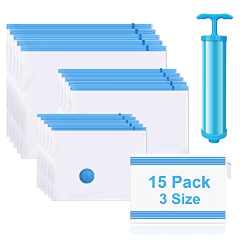EWEIMA 15 Piezas 3 Tamaños de Bolsa para Vacío de Ropa, Bolsas de Almacenamiento al Vacío Ahorro de Espacio para Guardar Ropa, Ropa de Cama, Edredones, Almohadas, Mantas, Cortinas, Tejidos, Sábanas