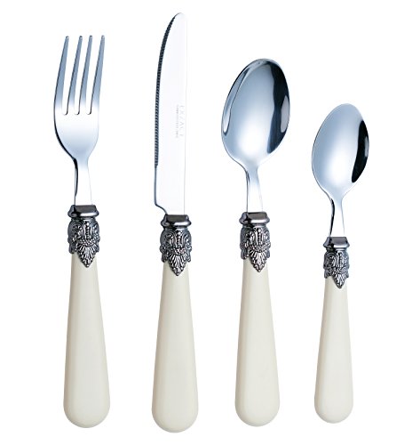Exzact Cubertería de 16 Piezas en Acero Inoxidable/Cubiertos con Asas de Color con Mango detallado, Tradicional, Elegante, Estilo Vintage/Antiguo (WF28-16CRM Crema x 16)