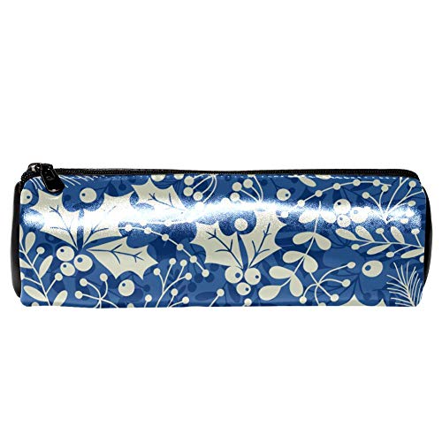 EZIOLY - Estuche para lápices de piel, diseño de hojas de acebo azul