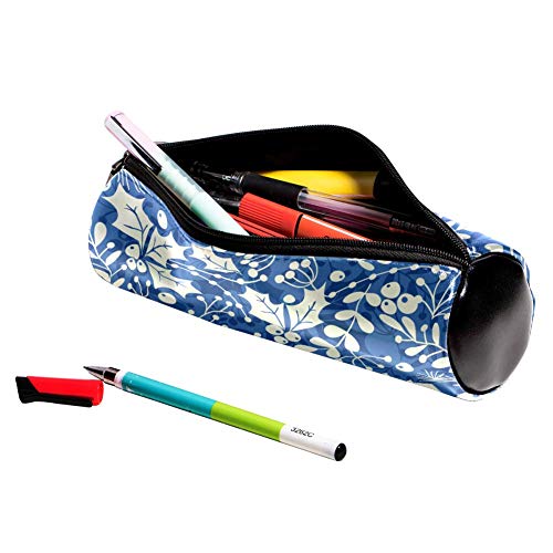 EZIOLY - Estuche para lápices de piel, diseño de hojas de acebo azul