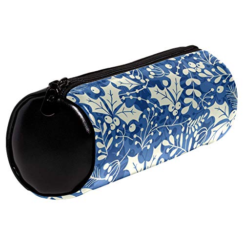 EZIOLY - Estuche para lápices de piel, diseño de hojas de acebo azul
