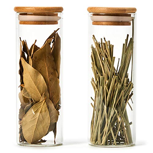 EZOWare 10 Pcs Tarros de Vidrio, Frascos con Tapa Hermética de Madera Bambú y Etiquetas para Almacenaje y Conservar Alimentos, Especias, Uso en Cocina, Baño, Decorativo - 300ml