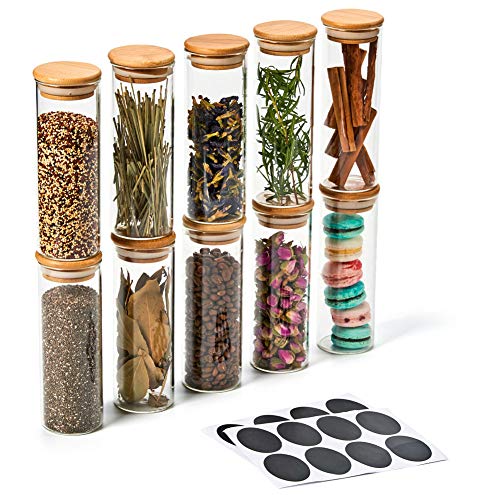 EZOWare 10 Pcs Tarros de Vidrio, Frascos con Tapa Hermética de Madera Bambú y Etiquetas para Almacenaje y Conservar Alimentos, Especias, Uso en Cocina, Baño, Decorativo - 300ml