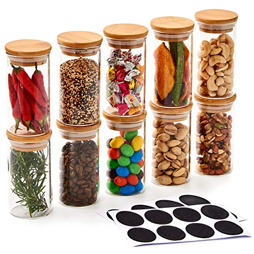 EZOWare 10 Pcs Tarros de Vidrio, Pequeños Frascos con Tapa Hermética de Madera Bambú y Etiquetas para Almacenaje y Conservar Alimentos, Especias, uso en Cocina, Baño, Decorativo - 200ml