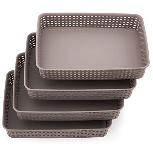 EZOWare 4 pcs Grande Cestas de Almacenaje Multiuso, Cajas Bandeja Organizadoras Rectangular de Plástico con Efecto de Mimbre para Cajones, Estantes Cocina, Baño - Gris, 35 x 25 x 6 cm