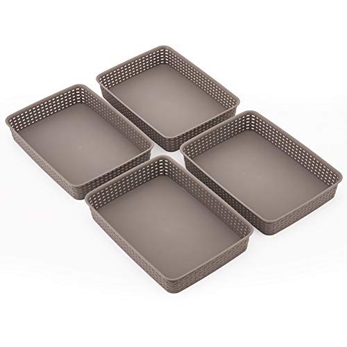 EZOWare 4 pcs Grande Cestas de Almacenaje Multiuso, Cajas Bandeja Organizadoras Rectangular de Plástico con Efecto de Mimbre para Cajones, Estantes Cocina, Baño - Gris, 35 x 25 x 6 cm