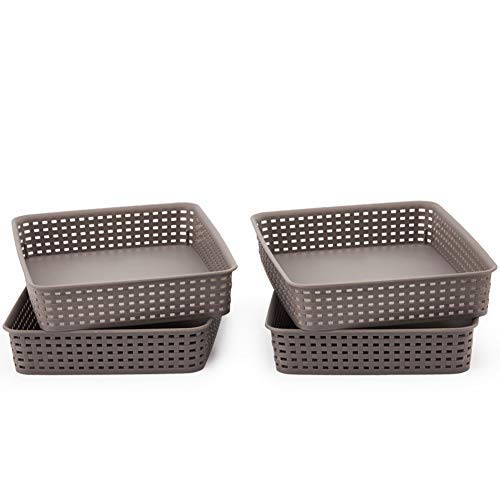 EZOWare 4 pcs Grande Cestas de Almacenaje Multiuso, Cajas Bandeja Organizadoras Rectangular de Plástico con Efecto de Mimbre para Cajones, Estantes Cocina, Baño - Gris, 35 x 25 x 6 cm