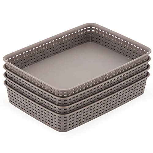 EZOWare 4 pcs Grande Cestas de Almacenaje Multiuso, Cajas Bandeja Organizadoras Rectangular de Plástico con Efecto de Mimbre para Cajones, Estantes Cocina, Baño - Gris, 35 x 25 x 6 cm