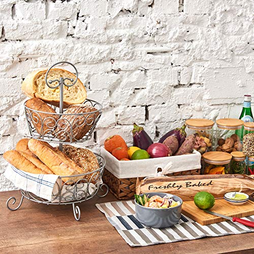 EZOWare Frutero de 2 Pisos Redondo, Organizador de Encimeras Metal Decorativo para Frutas, Verduras, Bocadillos, Artículos para el Hogar - Plata