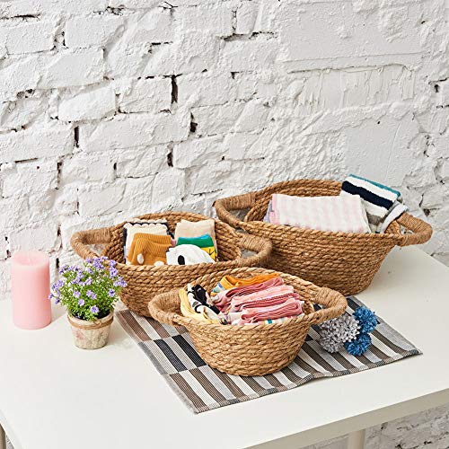 EZOWare Set de 3 Cestas de Almacenamiento de Mimbre Natural Algas Marinas con Asas, Organizadoras Redondas Decorativas Ideal para Baño, Cocina o Decoración del Hogar