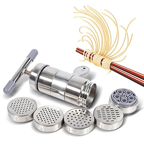 Fabricante de fideos de acero inoxidable Prensa de fideos manual Herramienta de la cocina de la máquina de la prensa de la pasta de Juicer de la prensa de la verdura (1 x fabricante + 5 x molde)