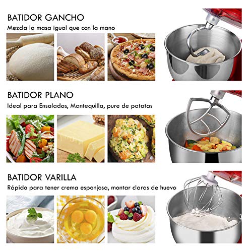 Family Care Robot de Cocina Batidora Amasadora Repostería de 1000 W Potencia. Bol 4.5L Acero Inoxidable. 3 Accesorios. Color Rojo