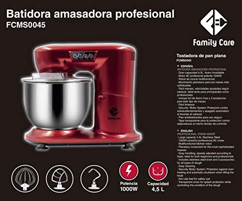 Family Care Robot de Cocina Batidora Amasadora Repostería de 1000 W Potencia. Bol 4.5L Acero Inoxidable. 3 Accesorios. Color Rojo