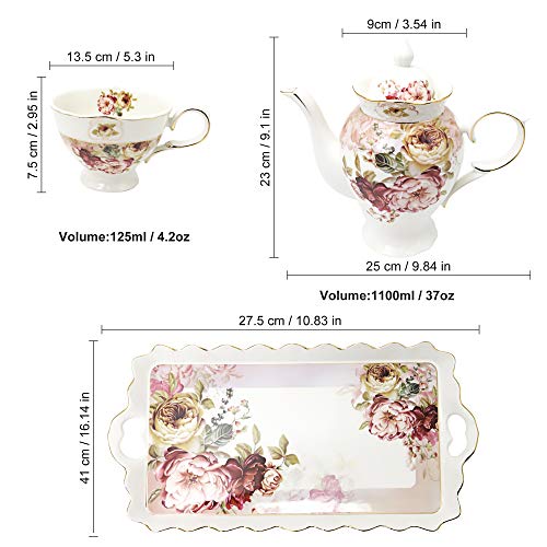 fanquare 8 Piezas Juegos de Té de Porcelana Inglesa, Vintage Juegos de Tazas de Café de Flores Rojas, Servicio de Té para Bodas