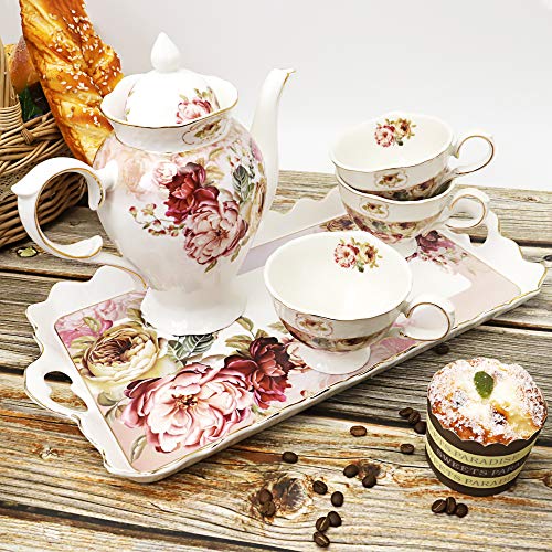 fanquare 8 Piezas Juegos de Té de Porcelana Inglesa, Vintage Juegos de Tazas de Café de Flores Rojas, Servicio de Té para Bodas