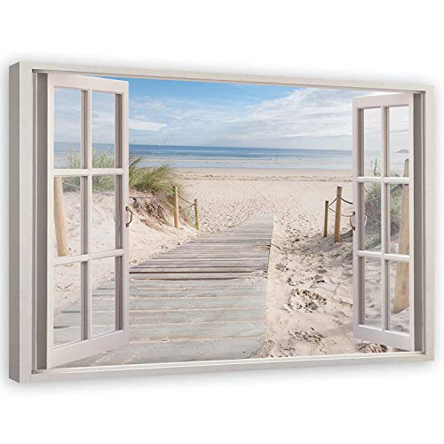 Feeby Cuadro en Lienzo Playa Calidad Fotografica 3D Ventana 120x80 cm Beige