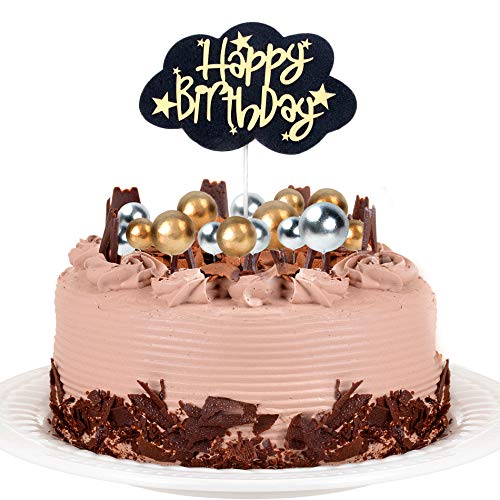 Femongy Happy Birthday Cake Toppers, Decoración para Tarta, 21 piezas Decoración para Tartas de cumpleaños, Cupcake Toppers Feliz cumpleaños nubes de oro negro con Bolas de oro y plata