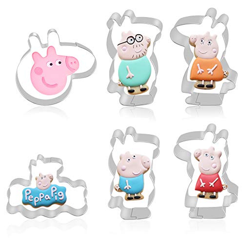 FHzytg - 6 moldes para galletas de Peppa Pig con 6 tarjetas impresas para niños – Peppa Pig, cerdo de George Papa Cerdo, Mummy Pig, cabeza de cerdo, placa de medición – Acero inoxidable