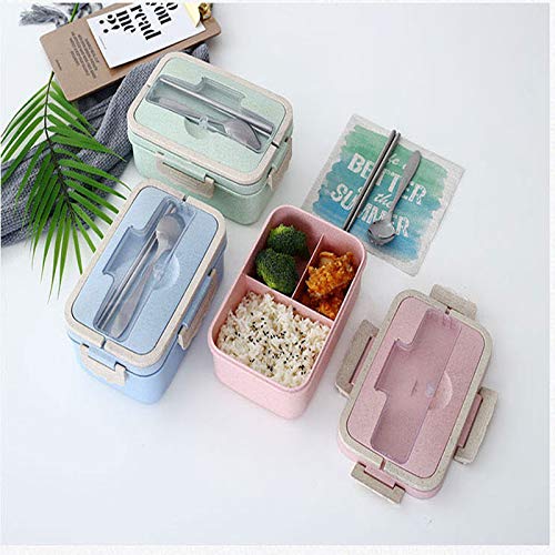 Fiambreras bento, Fiambrera de seguridad de trigo natural de 1000 ml con tenedor palillos cuchara para niños y adultos, apta para microondas y lavavajillas (rosa)