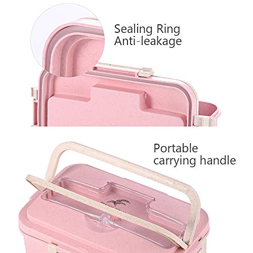 Fiambreras bento, Fiambrera de seguridad de trigo natural de 1000 ml con tenedor palillos cuchara para niños y adultos, apta para microondas y lavavajillas (rosa)