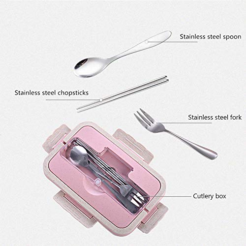 Fiambreras bento, Fiambrera de seguridad de trigo natural de 1000 ml con tenedor palillos cuchara para niños y adultos, apta para microondas y lavavajillas (rosa)