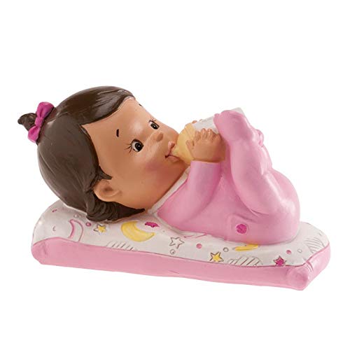 Figura en resina para pastel, niña con biberón, para bautismo o nacimiento.