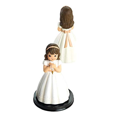 Figura tarta niña Comunión con vestido beig, detalles a juego cuerpo y falda. Recuerdo pastel Primera Comunión chica.