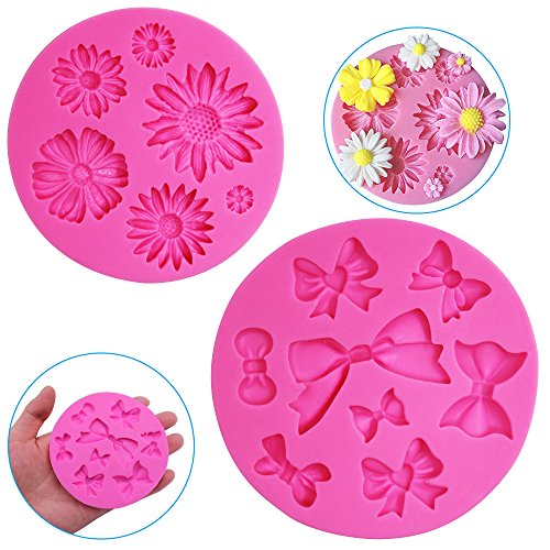 FineGood - Moldes decorativos de silicona para tartas (2 unidades), diseño de flor de crisantemo y pajaritas, para chocolate, fondant, azúcar, jabón, decoración, moldes para tartas, color rosa