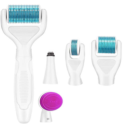 Fixget Rodillo Microagujas Facial, Derma Roller 1.0/0.5/0.25/1.5mm Titanio Agujas para Anti Acne Crecimiento Del Cabello Con Cepillo de Limpieza Facial de Silicona