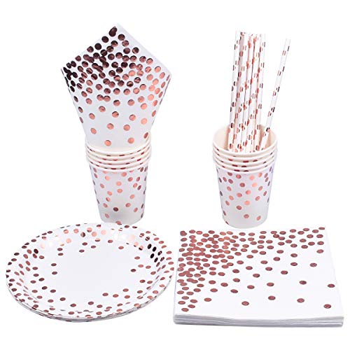 Fodlon 100 Piezas Blanco Oro Rosa Vajilla para Fiestas Cumpleaños, 20 Piezas Platos Papel, 20 Piezas Pajitas Papel, 20 Piezas Tazas Papel con 40 Piezas Servilletas para 20 Personas