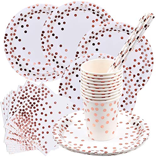 Fodlon 100 Piezas Blanco Oro Rosa Vajilla para Fiestas Cumpleaños, 20 Piezas Platos Papel, 20 Piezas Pajitas Papel, 20 Piezas Tazas Papel con 40 Piezas Servilletas para 20 Personas
