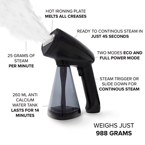 Fridja f10 Handheld Clothes Steamer, 1500W Potente vapor de tela, Steam de viaje portátil, Steam Iron, perfecto para el hogar y el viaje - Negro