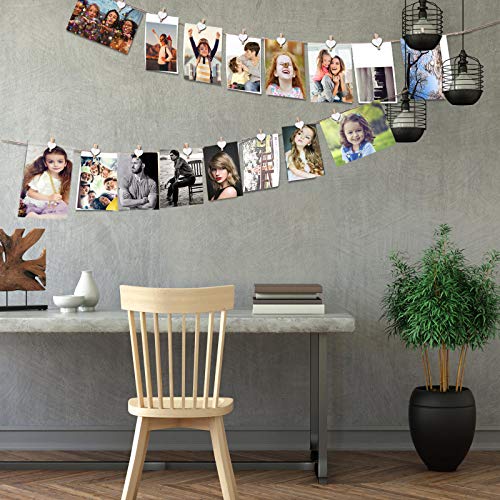 FT-SHOP Clips de Fotos de 100 Piezas Mini Pinzas de Madera Fotográfico Clavijas en Forma de Corazón Craft Clips con 30m Cordel de Yute para Foto Titular de Tarjeta de decoración y Bricolaje Artesanal