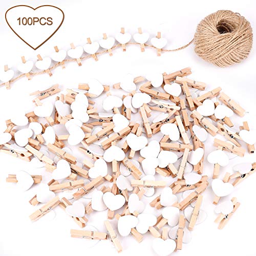 FT-SHOP Clips de Fotos de 100 Piezas Mini Pinzas de Madera Fotográfico Clavijas en Forma de Corazón Craft Clips con 30m Cordel de Yute para Foto Titular de Tarjeta de decoración y Bricolaje Artesanal