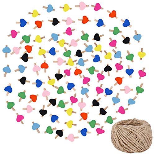 FT-SHOP Clips de Fotos de 100 Piezas Mini Pinzas de Madera Fotográfico Clavijas en Forma de Corazón Craft Clips con 30m Cordel de Yute para Foto Titular de Tarjeta de decoración y Bricolaje Artesanal