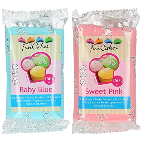 Funcakes - 2 X Paquetes de Fondant / Pasta de azucar de 250g (Azul bebe y rosa dulce)