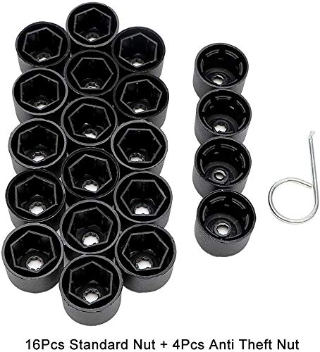 Gebildet 20pcs 17mm Tapa de Tuerca de Rueda(4pcs Anti-robo Tapa de Tuerca de Rueda+16pcs Casquillo normal),Cubierta de Tuerca de Neumático,Wheel Bolt Nut Cap con Extractor(Negro)