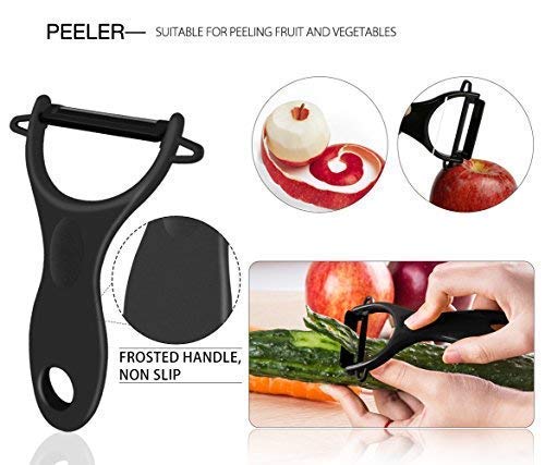 GEEKHOM Cuchillos de Cocina, Juego de Cuchillos de Cerámica de Acero Inoxidable, 5 Piezas (4 x Cuchillos, 1 x pelador, Negro)