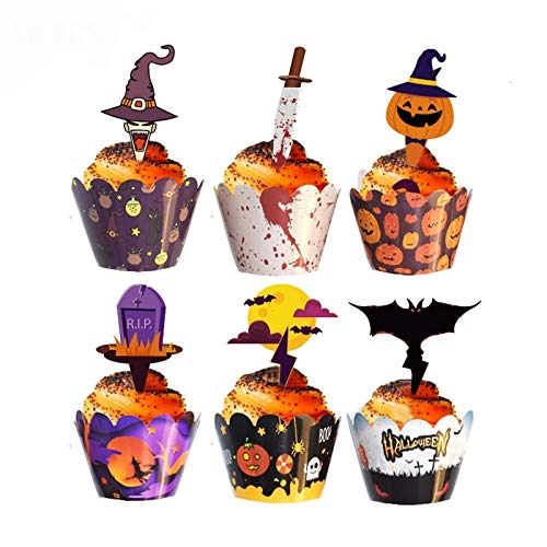 Generic Brands Topper de Magdalena de Halloween Pastelitos de Halloween Envoltorios Halloween Mano Pastel 48pcs Topper Magdalenas Halloween Cupcake Toppers Cupcake Adorno Decoración de Halloween