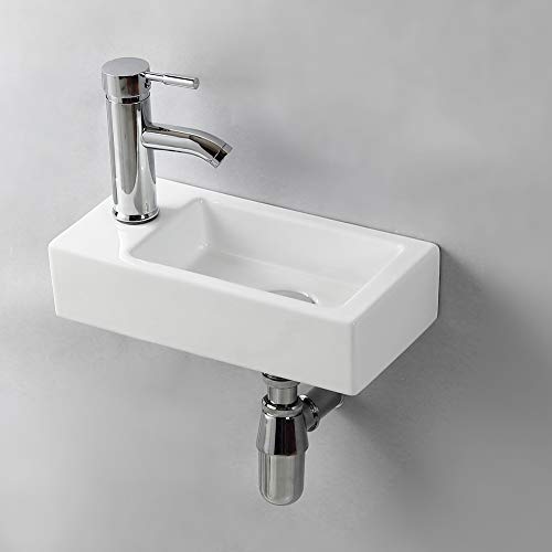 Gimify Lavabo Pequeño Pared Mini Lavamanos Baño Cerámico Blanco 37x18.5x9cm, Izquierda