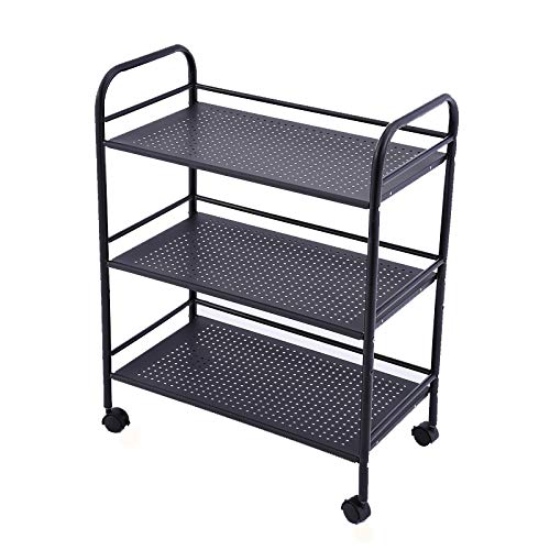 GJSN Multifunción Portátil Carretilla,Cocina Almacenamiento Inoxidable Acero Plato Estar Plata Baño Organizador Cocina Estante 3-Shelf Estantería Unidad en Ruedas Negro H/Negro/S