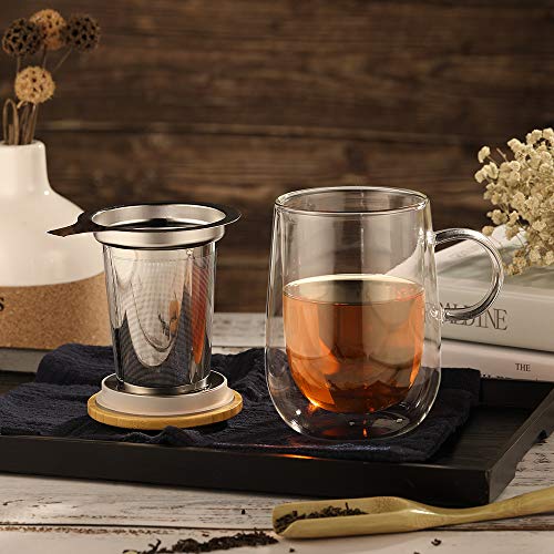 Glastal 430ml Taza de té de vidrio de doble pared con colador de metal Taza de té de vidrio Taza de vidrio de borosilicato