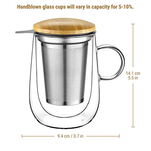 Glastal 430ml Taza de té de vidrio de doble pared con colador de metal Taza de té de vidrio Taza de vidrio de borosilicato