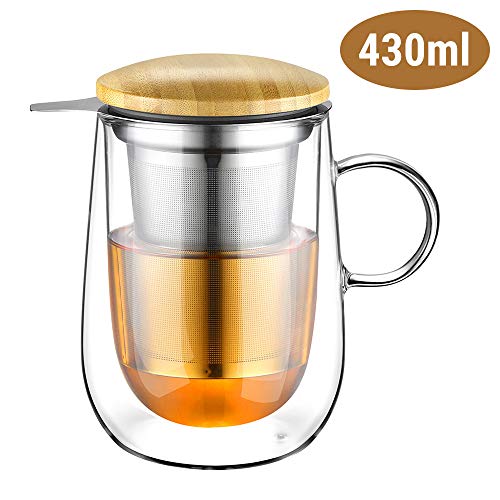 Glastal 430ml Taza de té de vidrio de doble pared con colador de metal Taza de té de vidrio Taza de vidrio de borosilicato