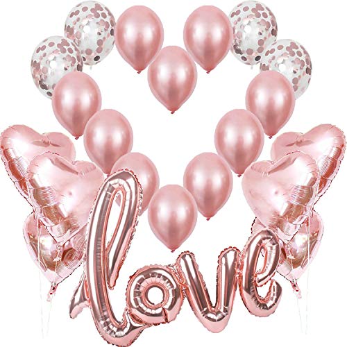 Globos de Oro Rosa Dorado, Globo Love XXL Helio o Aire,6 Corazón Rosegold,4 Globos de Confeti,10 de látex, Decoración Romantica Día de San Valentín Bodas Nupcial Aniversario y Compromiso
