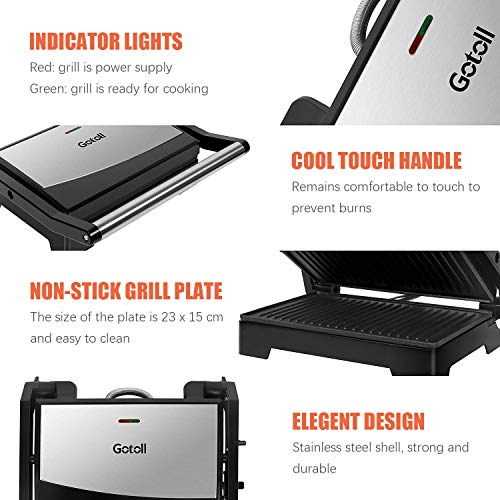 Gotoll Parrilla Eléctrica 1000W,Sandwichera,Máquina de Panini,Tostadora con Revestimiento Antiadherente,Placas de Grill,Asa de Toque Frío,Apertura 180º