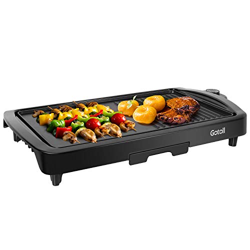 Gotoll Plancha de Asar Antiadherente 1800W,Parrilla Eléctrica Temperatura Ajustable,Bandeja Recoge Aceite Extraíble,Superficie parrilla 43x23CM