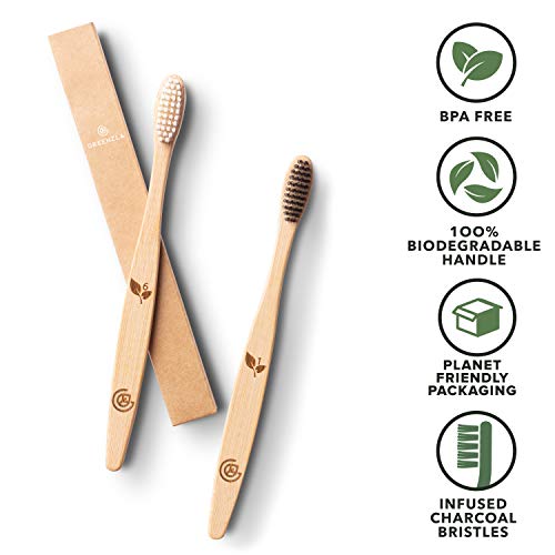 Greenzla Cepillos de Dientes de Bambú (Kit de 12) | Cepillos de Dientes de Carbón de Cerdas Suaves | Cepillo de Dientes de Bambú Natural y Ecológico | Madera Biodegradables y 100% Orgánicos