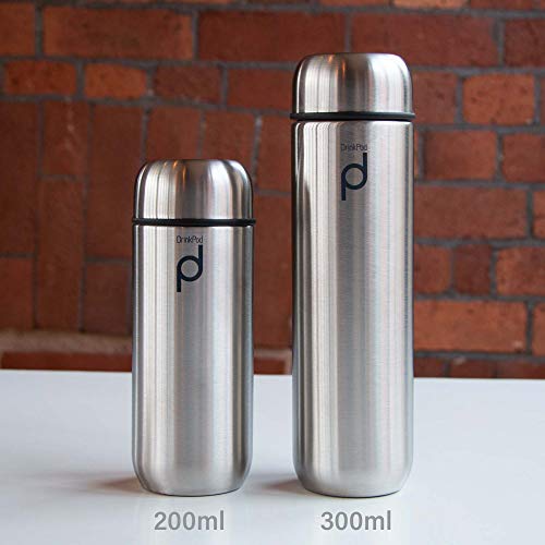 Grunwerg - Termo Aislante al vacío para Bebidas, a Prueba de Goteo, aguante de 8 Horas para Bebidas Calientes y 24 para Bebidas frías, Acero Inoxidable, Satinado, 200 ml